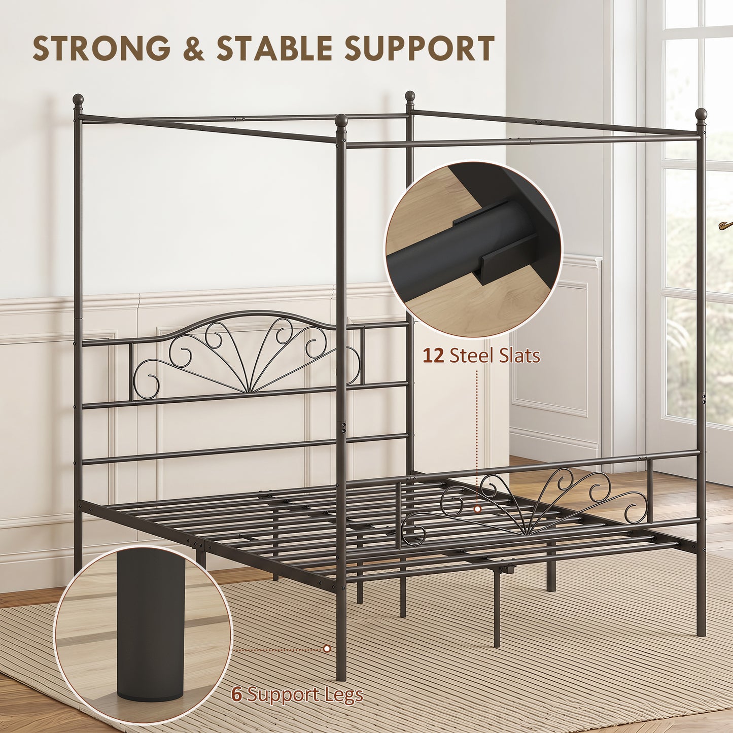 HOMCOM Canopy Bed Frame Double Size, Metal Platform Bed Frame with Headboard and Footboard, Underbed Storage, Black