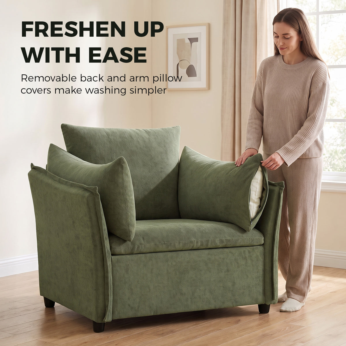 HOMCOM Modern Lounge Chair, Chenille Accent Chair w/ Armrest  Pillow, Thick Cushion, Deep Seat & Padded High Back, Light Green