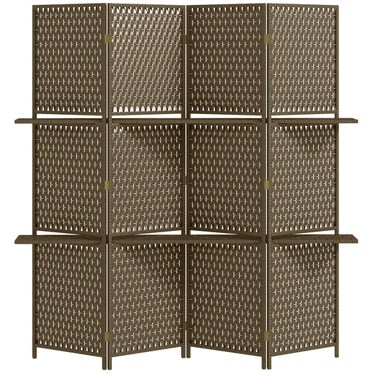 HOMCOM 4-Panel Room Dividers with Shelves, Wave Fibre Freestanding Folding Privacy Screen Panels, Partition Wall Divider for Indoor Bedroom Office, 180Â cm, Brown