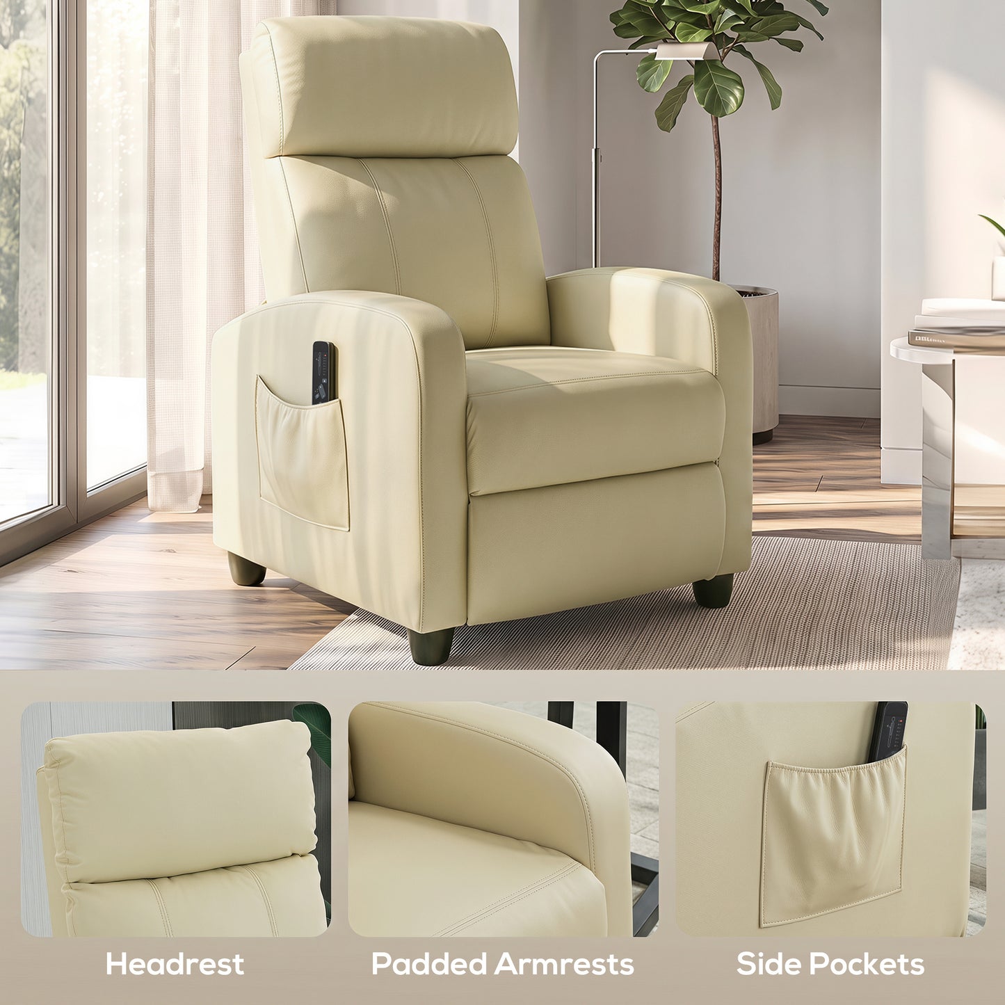 HOMCOM Recliner Armchair, Massage Faux Leather Push Back Reclining Chair with Adjustable Leg Rest, Side Pocket, Cream White
