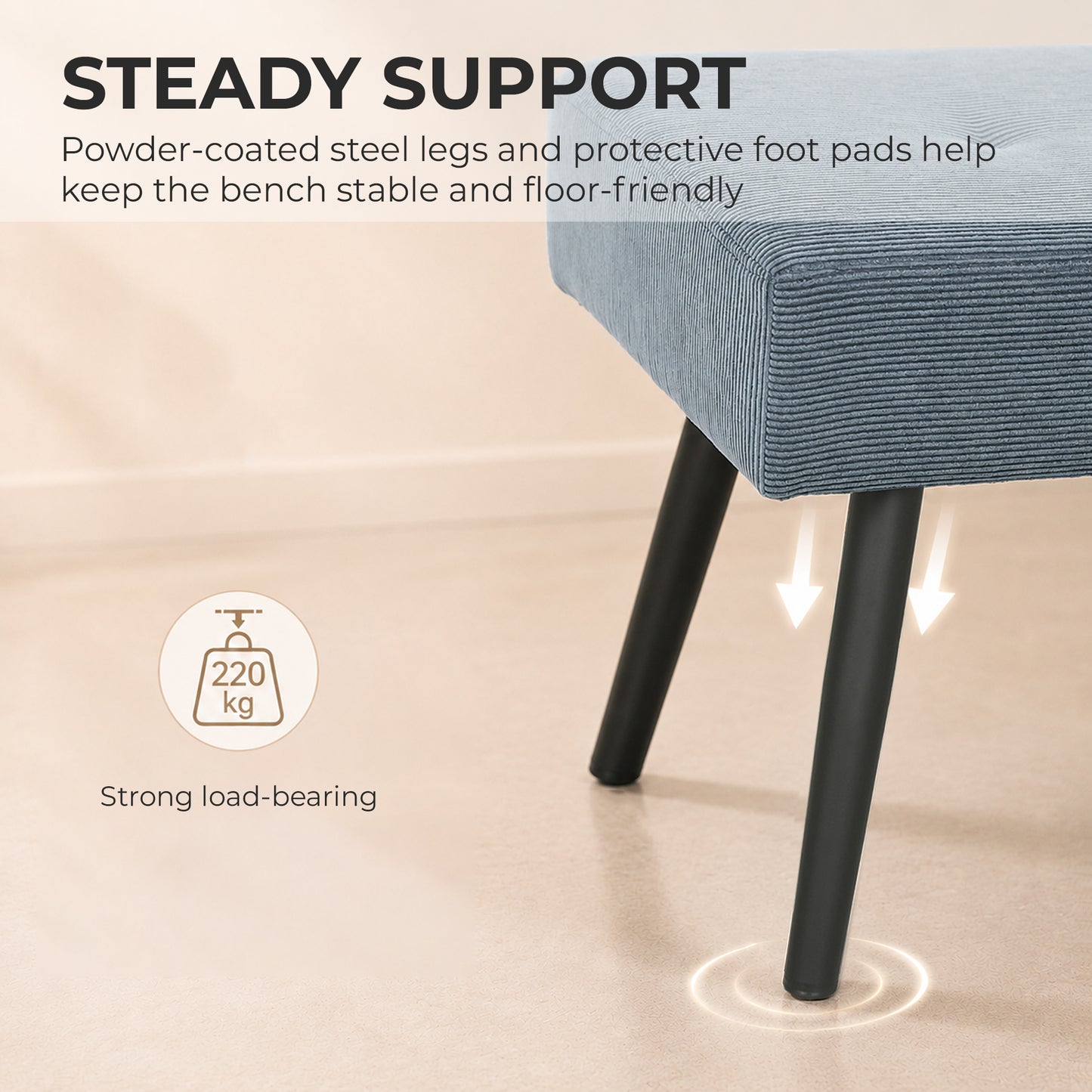 HOMCOM Upholstered Bedroom Entryway Bench, Modern Corduroy Tufted End of Bed Bench with Padded Seat and Steel Legs, Blue