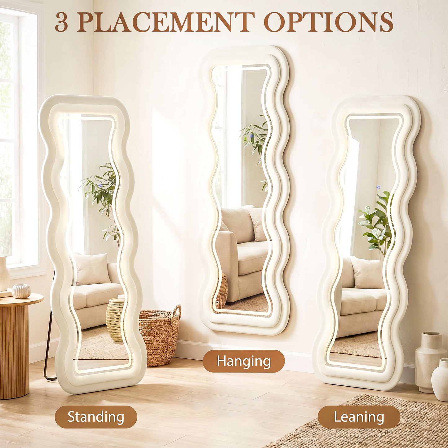 HOMCOM Full Length Mirror, 160 x 60 cm Wavy Full Body Wall Standing Mirror with Velvet Frame and Tempered Glass, Cream White