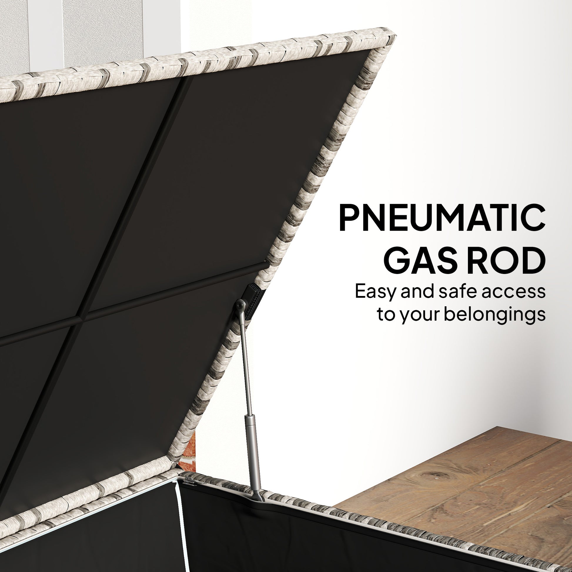 Outsunny 253L Garden Storage Box, Rattan Deck Box with Zipped Liner, Safe Pneumatic Rod, Patio Storage Container, Mixed Grey