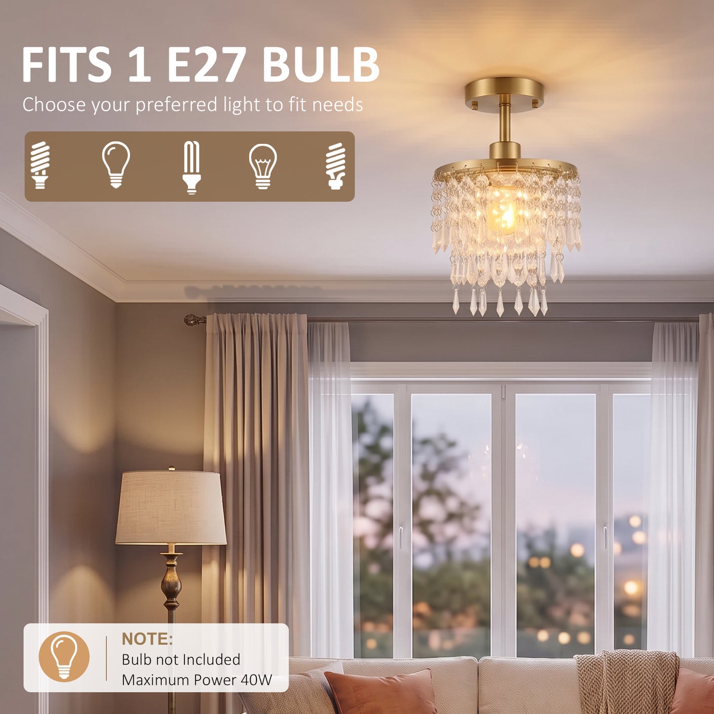 HOMCOM Crystal Ceiling Light with 57 Crystal Strands, Ceiling Light with Mounting Plate for Hallway, Gold Tone