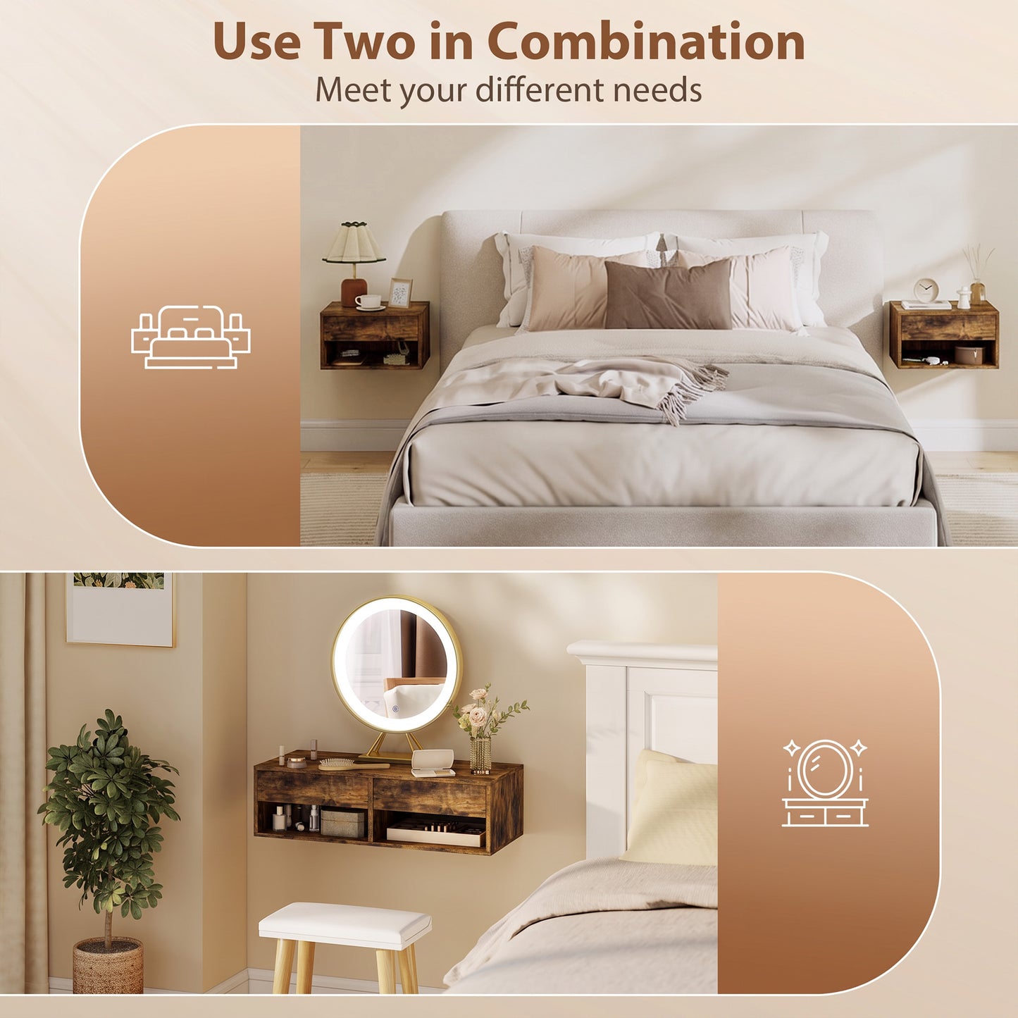 HOMCOM Set of Two Floating Bedside Tables - Rustic Brown