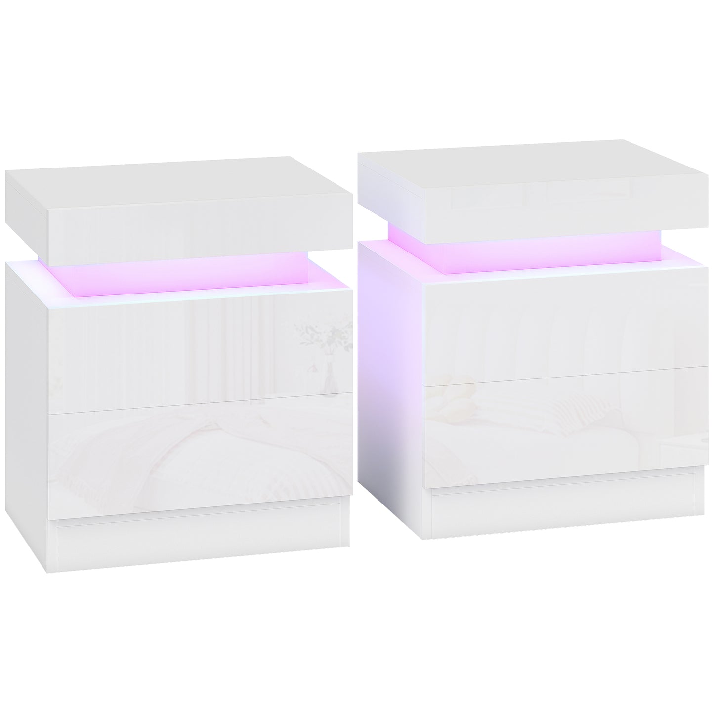 HOMCOM White Bedside Table with LED Light, High Gloss Front Nightstand with 2 Drawers, for Living Room, Bedroom, Set of 2 Default Title