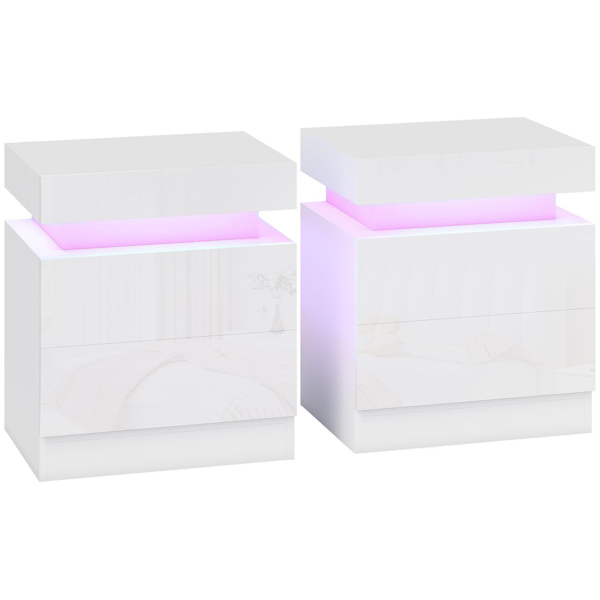 HOMCOM White Bedside Table with LED Light, High Gloss Front Nightstand with 2 Drawers, for Living Room, Bedroom, Set of 2 Default Title