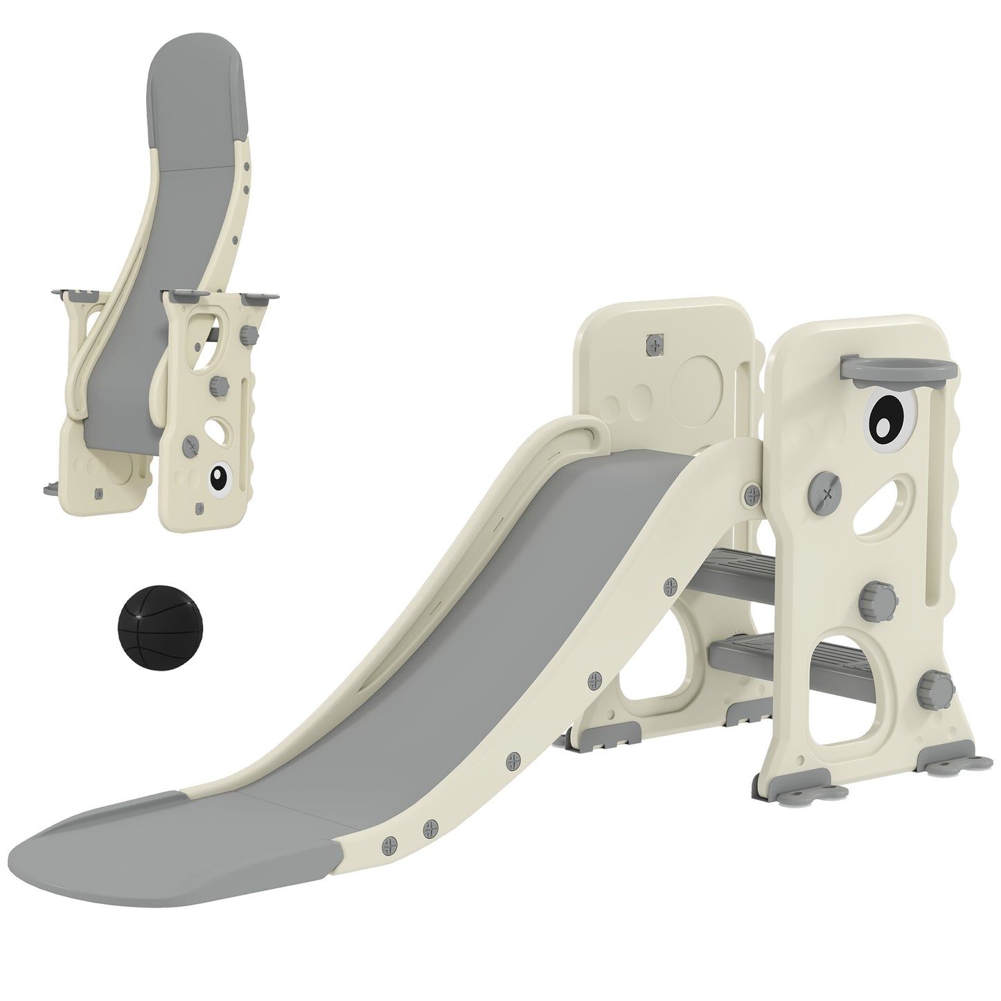 AIYAPLAY 3 in 1 Kids Slide with Climber, Basketball Hoop and Ball, Foldable Indoor Toddler Slide for Ages 2-5, Cream White Default Title