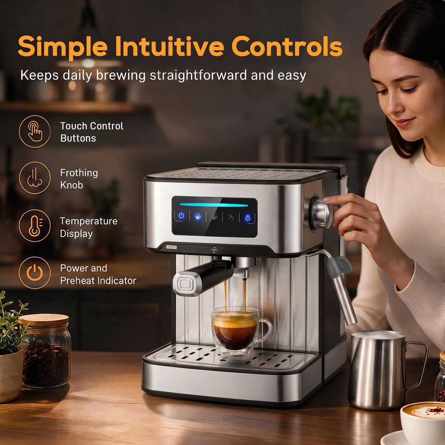 HOMCOM Espresso Machine, 20-Bar Cappuccino Coffee Maker with Frother Wand, 1.6L Tank, Single/Double/Manual Shot, LED Touch