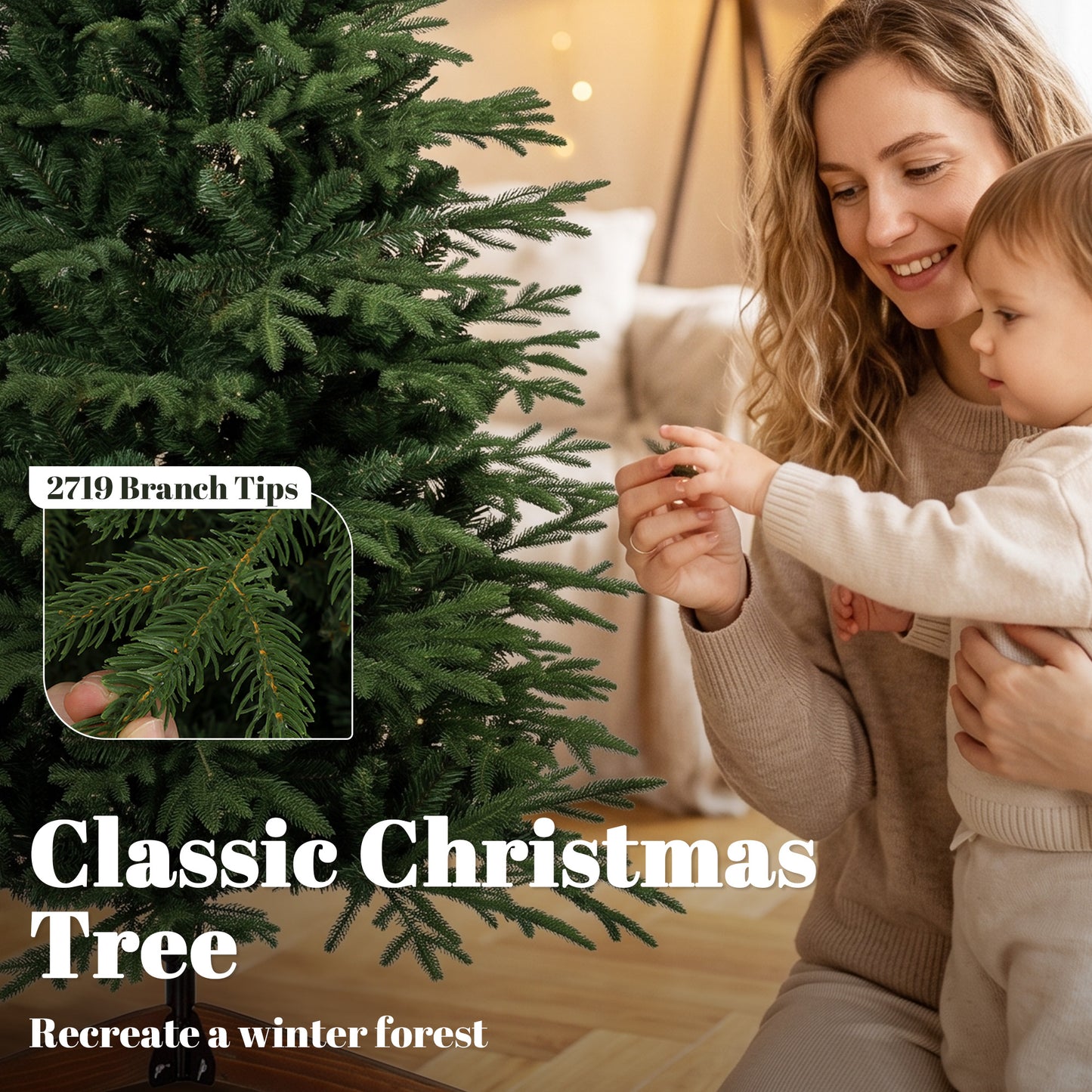 HOMCOM 7ft Artificial Christmas Tree Full Hinged Xmas Tree Solid Pine Wood Stand, Green