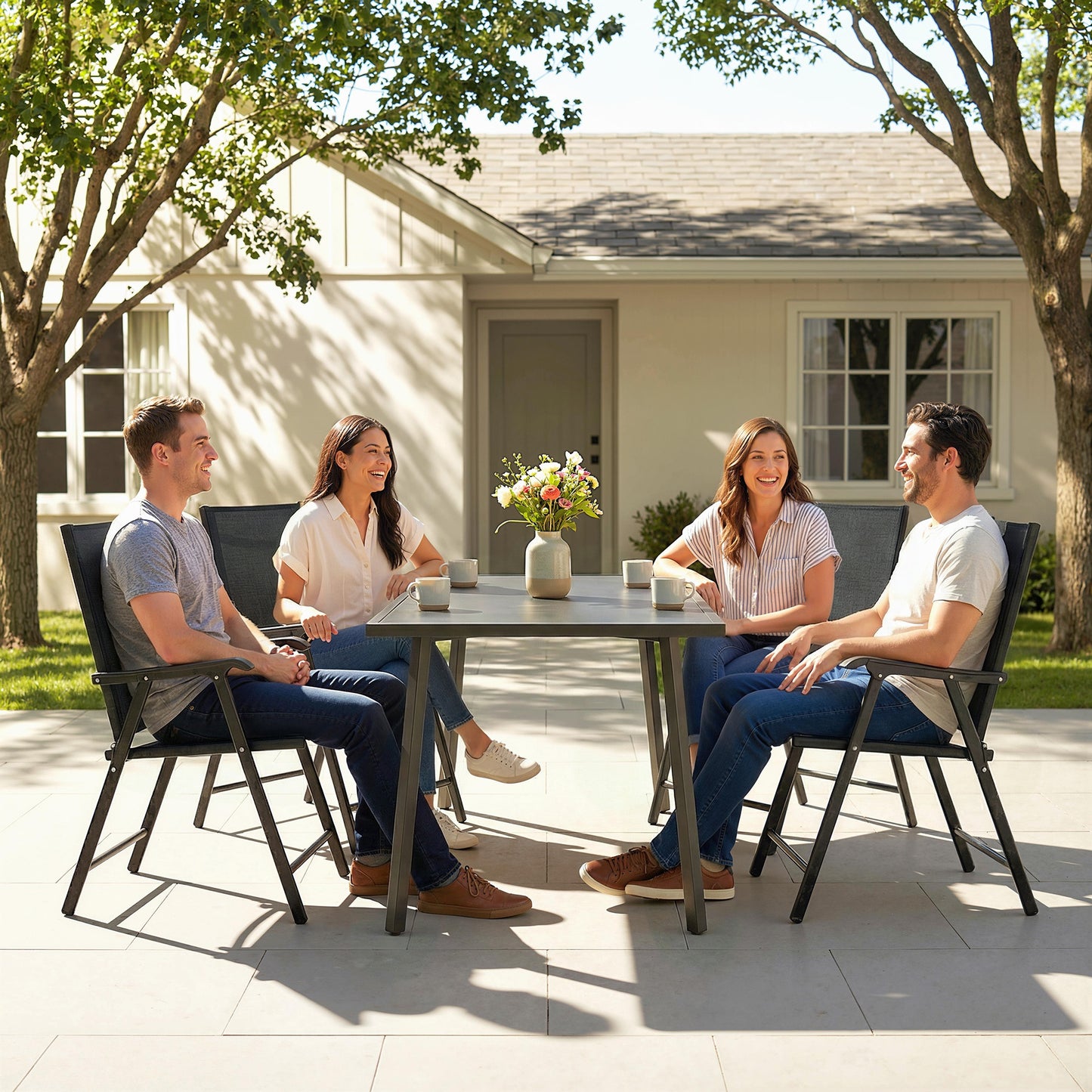 Outsunny Folding Garden Chairs Set of 4 with High Back, Armrests, Texteline Seat, Black