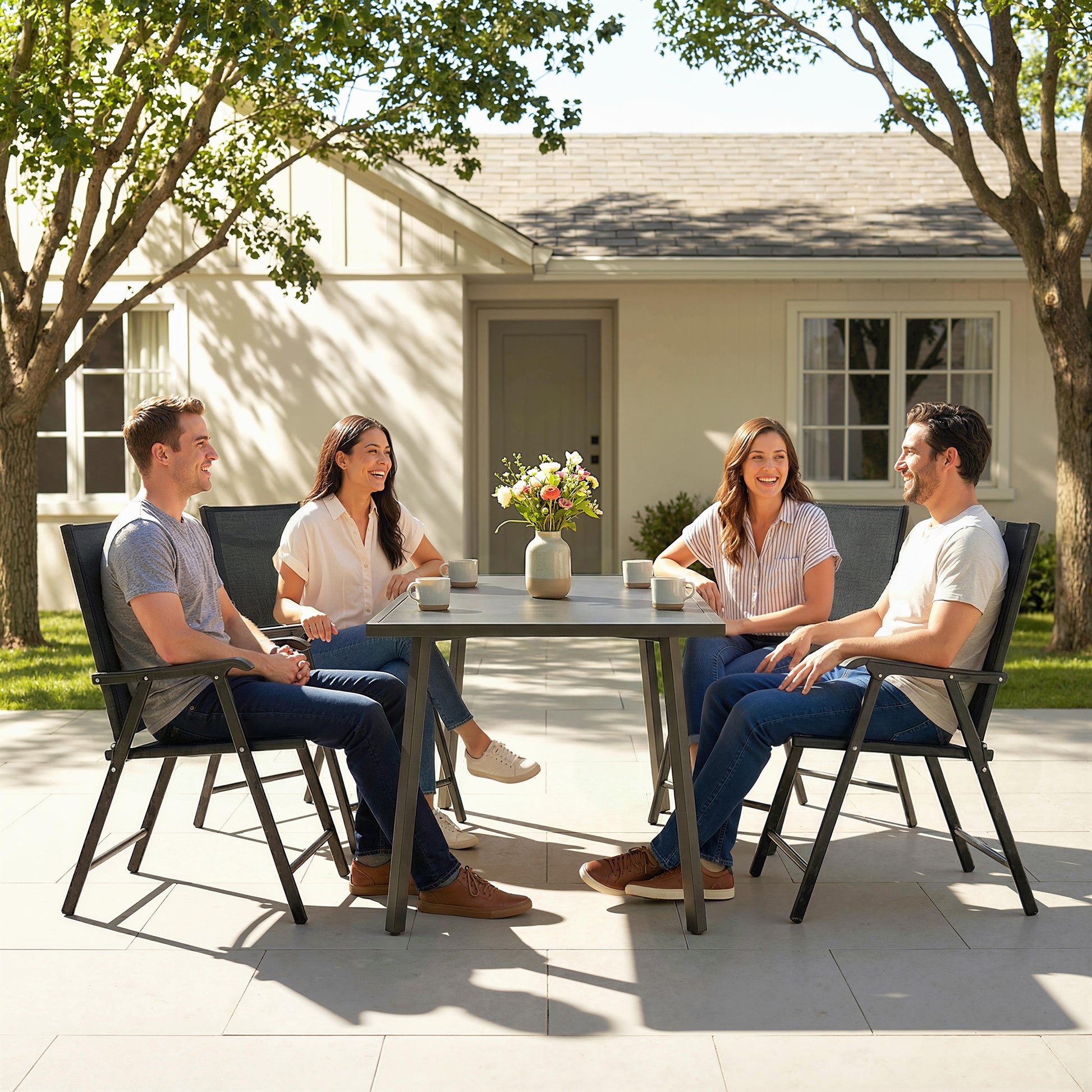 Outsunny Folding Garden Chairs Set of 4 with High Back, Armrests, Texteline Seat, Black