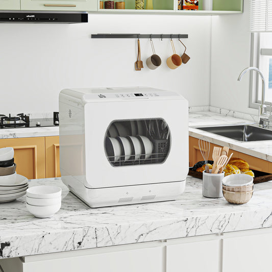 HOMCOM Table Top Dishwasher with Built-in 6L Water Tank, Mini Countertop Dishwasher with 6 Programs, 4 Place Settings, White