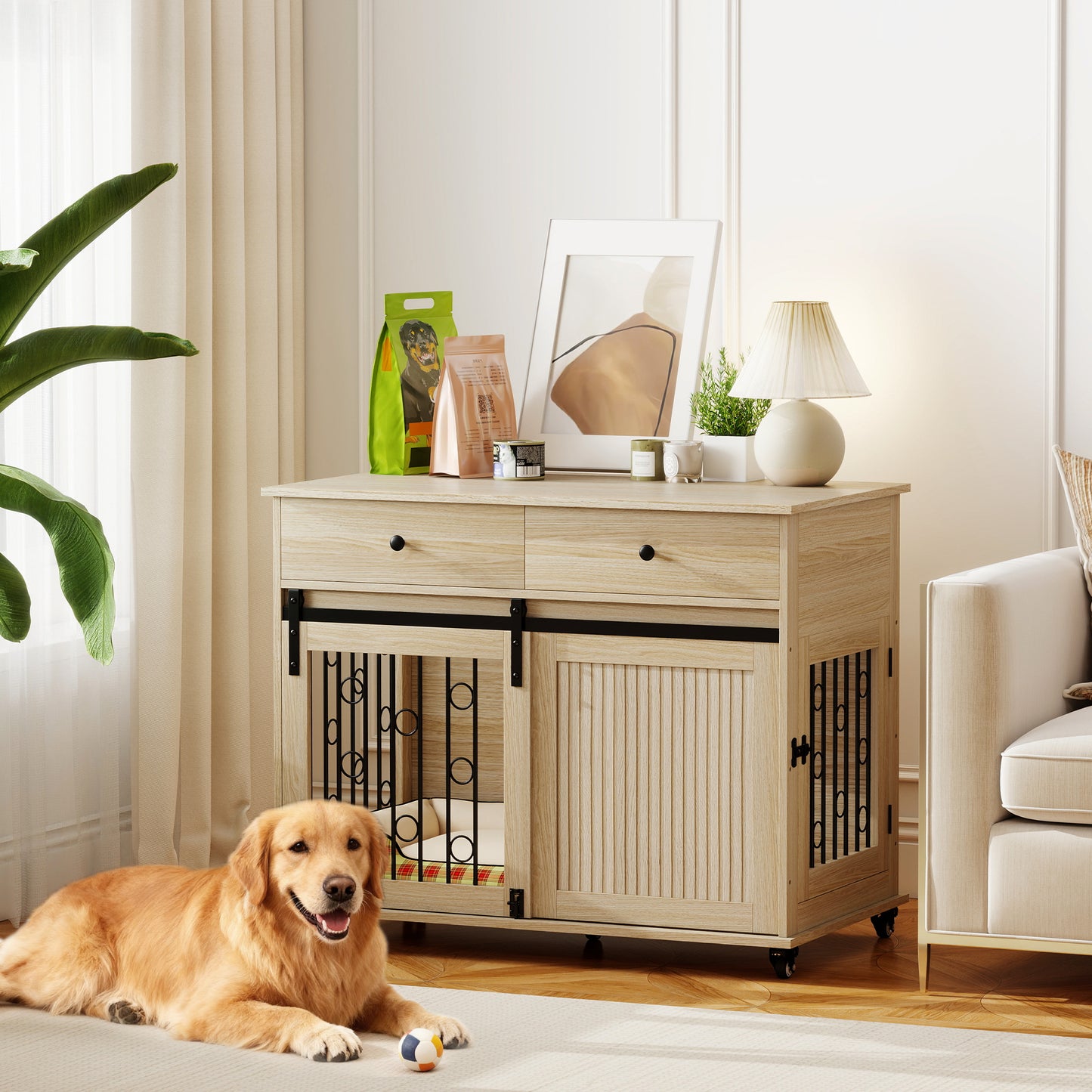 PawHut Dog Crate Furniture on Wheels, Dog Cage with 2 Drawers, Sliding Door, for Medium Large Dogs, Oak Tone