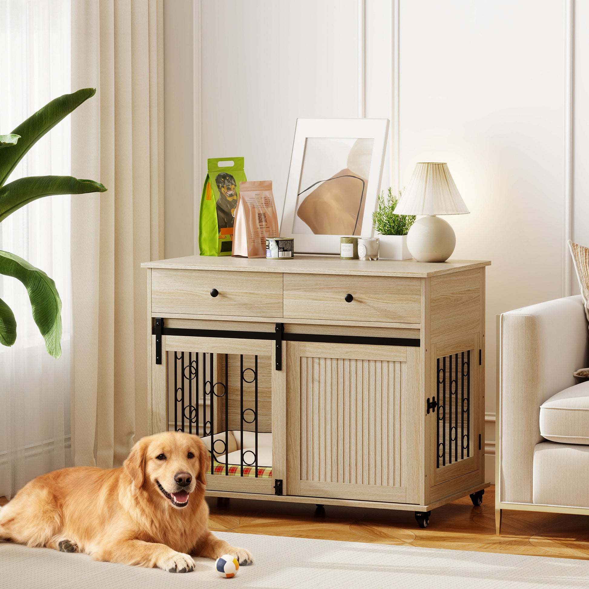 PawHut Dog Crate Furniture on Wheels, Dog Cage with 2 Drawers, Sliding Door, for Medium Large Dogs, Oak Tone