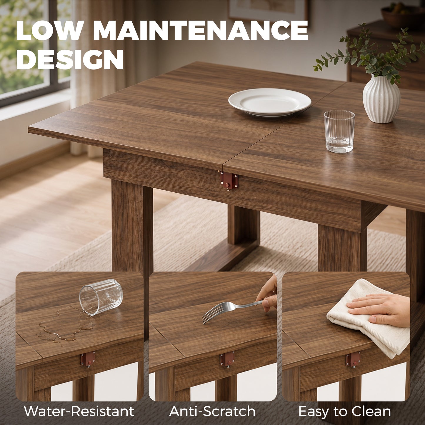 HOMCOM Folding Dining Table Under-Table Storage Extendable Kitchen Table Steel Rail Grey Wood Effect