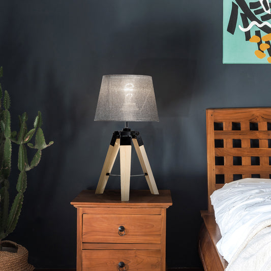 HOMCOM Wooden Tripod Table Lamp for Side, Desk or End Table with E27 Bulb Baseï¼ˆGrey Shadeï¼‰