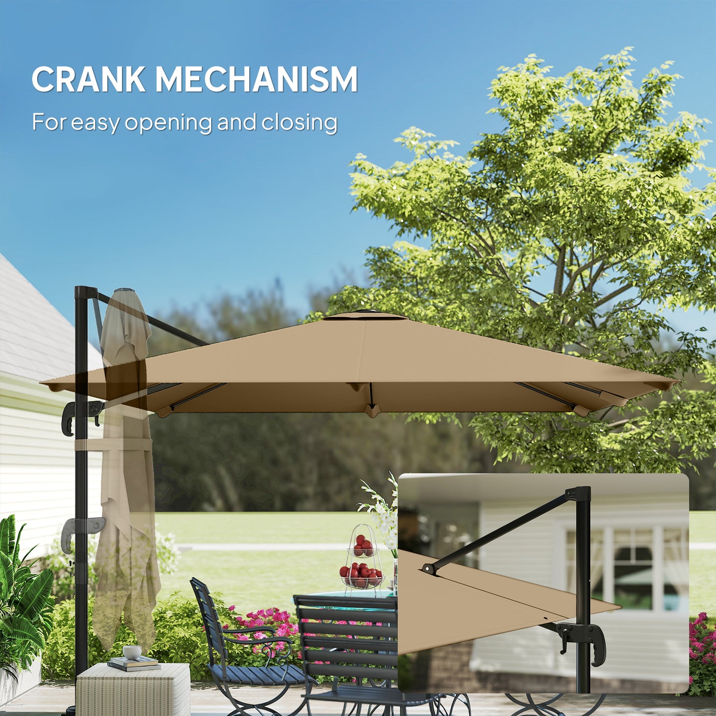 Outsunny 3 x 3 m Cantilever Parasol, Square Patio Umbrella with Crank Handle, Cross Base, Tilt, 360Â° Rotation, Khaki