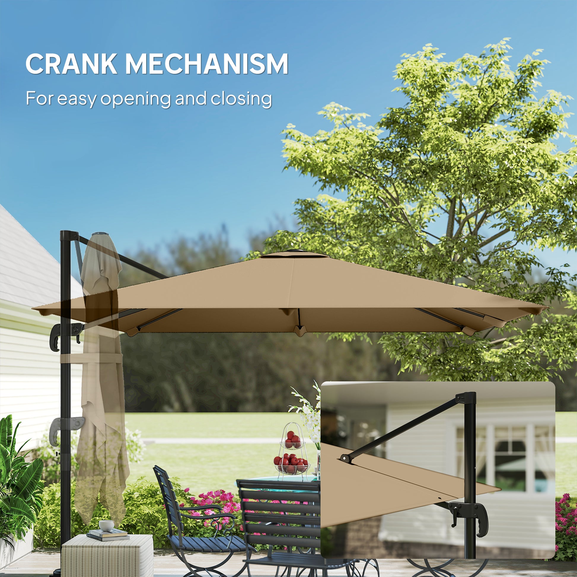Outsunny 3 x 3 m Cantilever Parasol, Square Patio Umbrella with Crank Handle, Cross Base, Tilt, 360Â° Rotation, Khaki