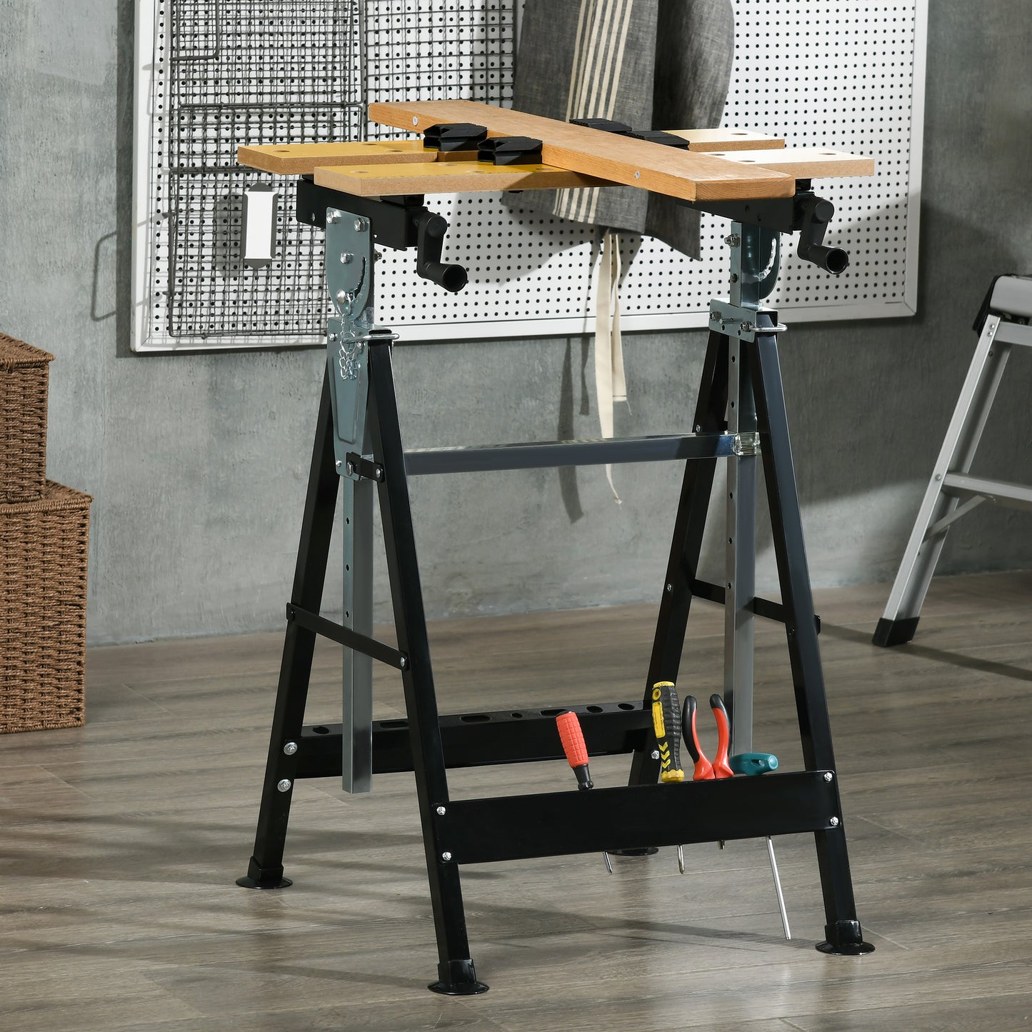 HOMCOM Portable Folding Workbench with Adjustable Height & Angle, Work Bench with 4 Adjustable Clamping Pegs, Beige