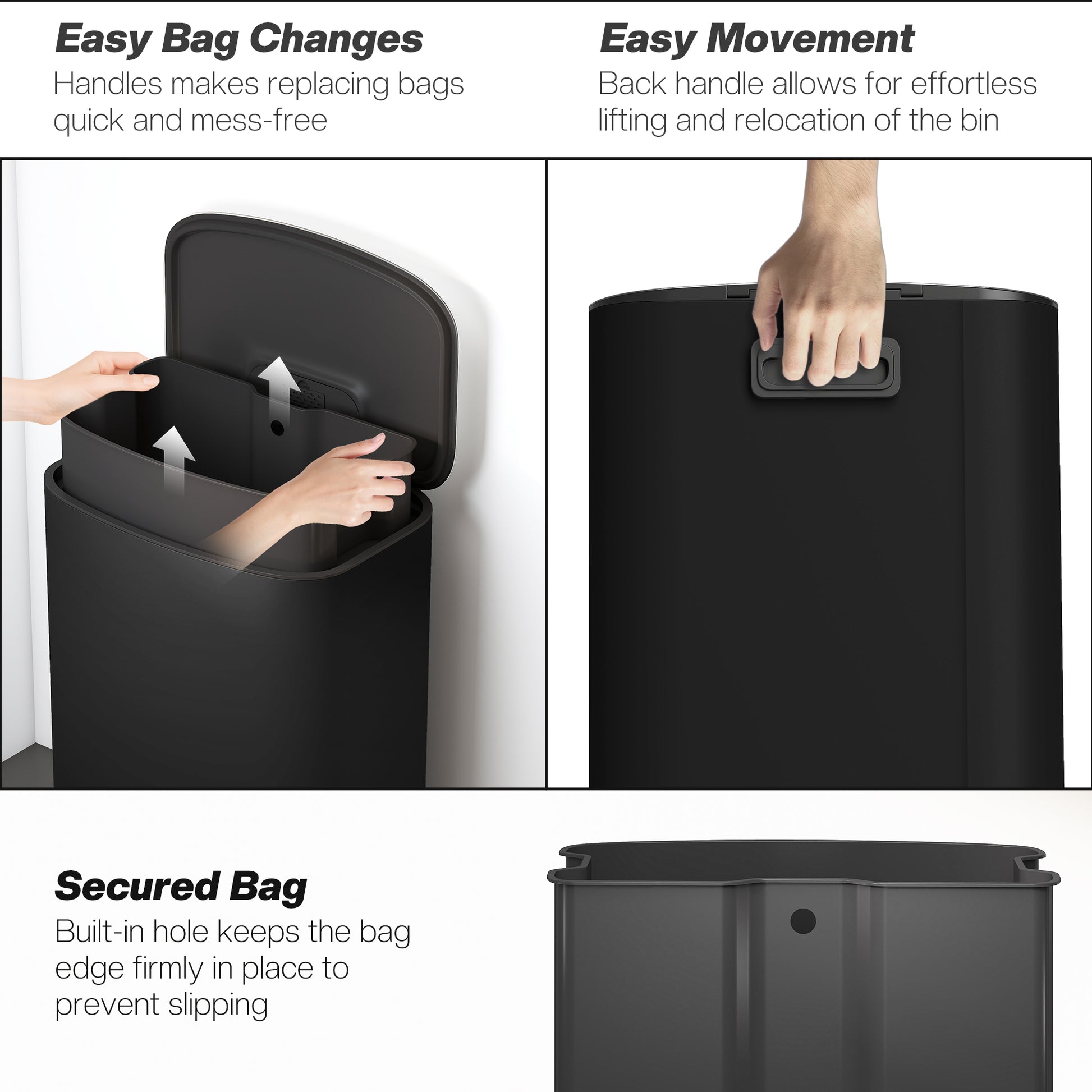 HOMCOM 50L Kitchen Bin with Soft-Close Lid and Stay-Open Function, Stainless Steel Pedal Bin with Removable Inner Bucket, Carry Handle for Kitchen, Office, Home, Black
