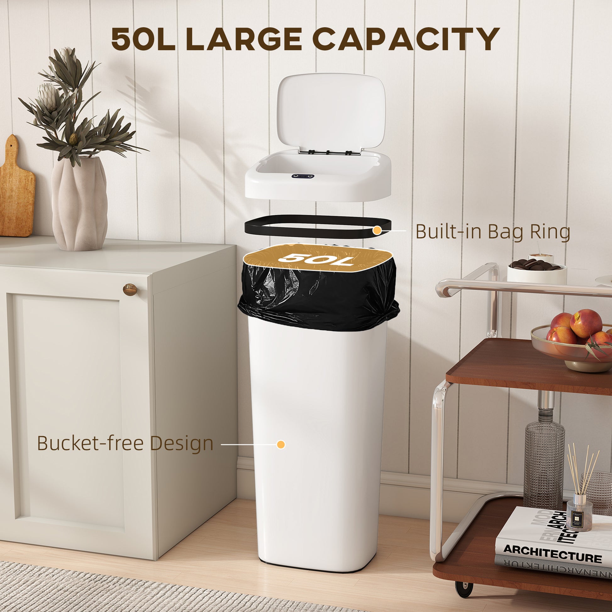 HOMCOM 50L Stainless Steel Sensor Bin - White