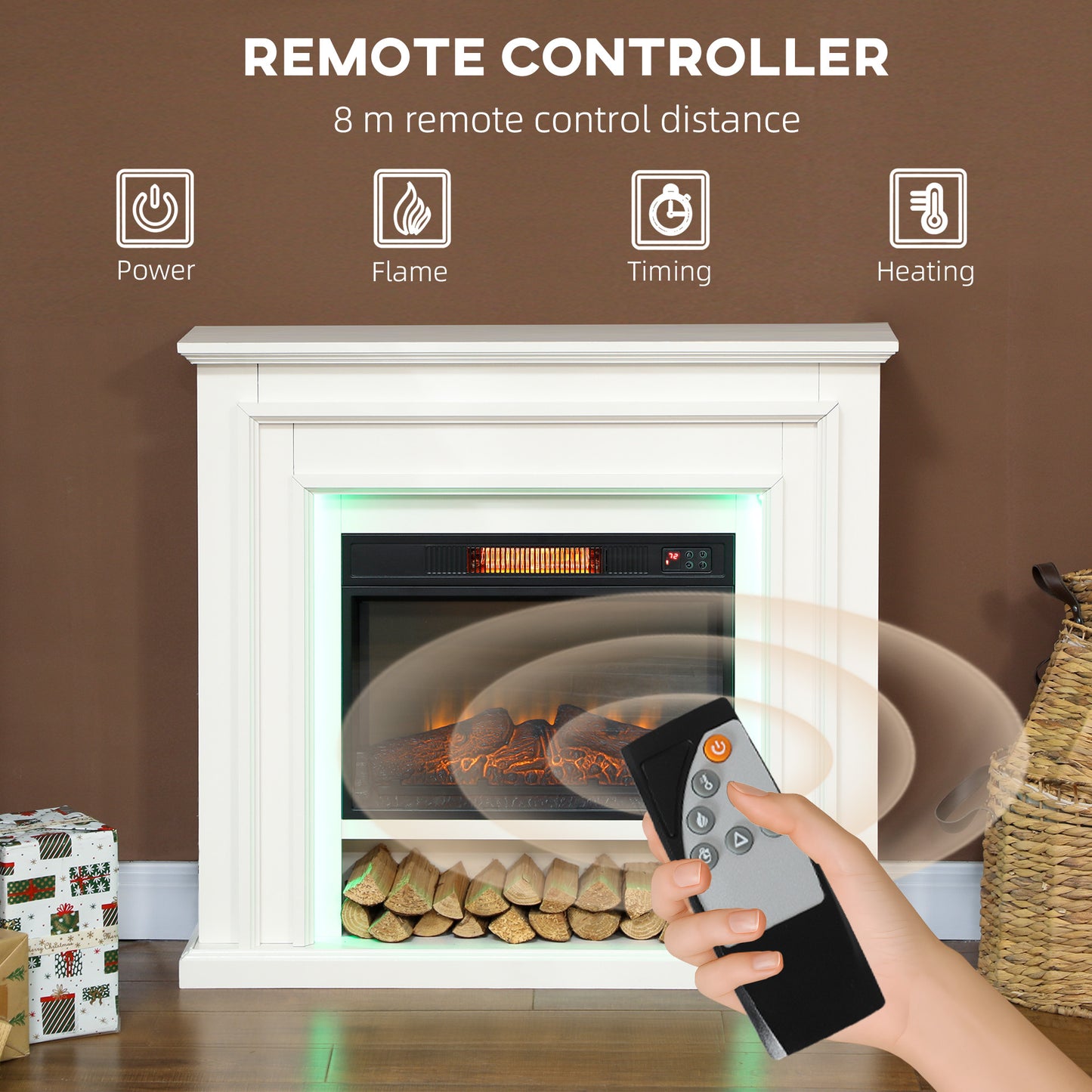 HOMCOM Electric Fireplace with RGB LED Lights, Realistic Flame Effect & 3 Brightness Levels, 1800W Inset Electric Fire and Mantel Reach up to 30 mÂ² Space with Remote & Timer for Living Room, White