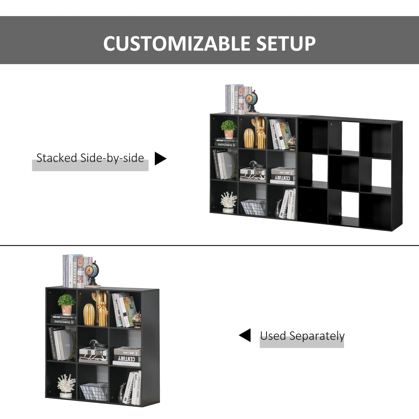 HOMCOM 3-tier 9 Cubes Storage Unit Particle Board Cupboard Bookcase Organiser Home Office Shelves, Black