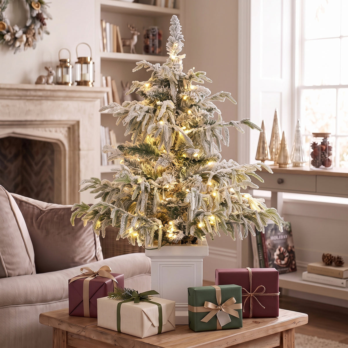 HOMCOM 3ft Prelit Flocked Christmas Tree, Artificial Snow Flocked Spruce with 100 Warm White LED Lights, 8 Modes, Green