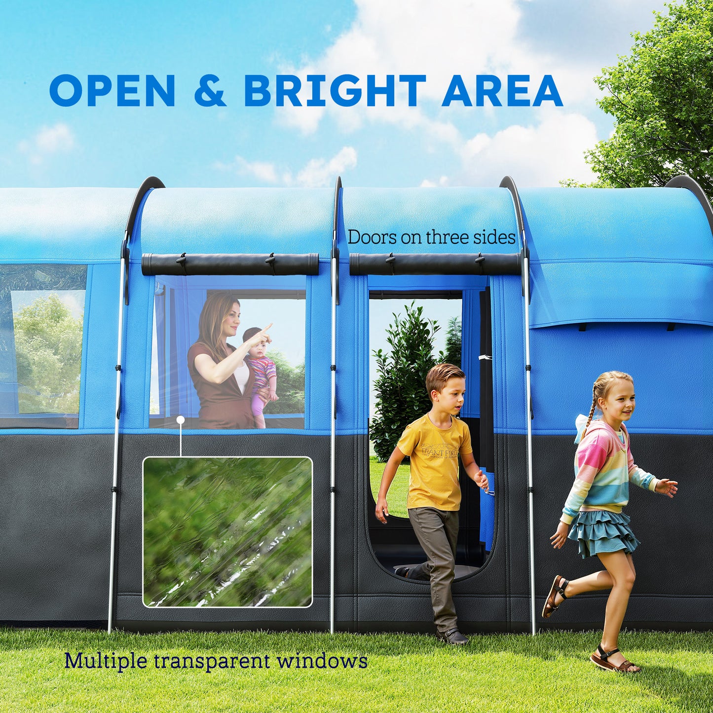 Outsunny 4-Person Camping Tent, Waterproof Family Tent, Tunnel Design, 4 Large Windows, Sleeping Cabins 3000mm Water Column Blue