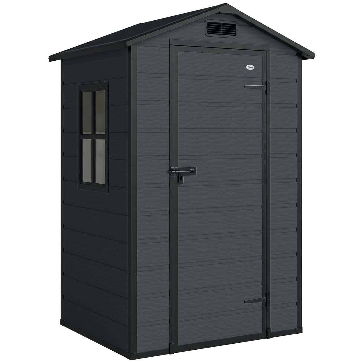Outsunny 4 x 3 ft Plastic Garden Shed with Floor, Outdoor Storage Shed with Lockable Door, Window and Vent, Dark Grey Default Title