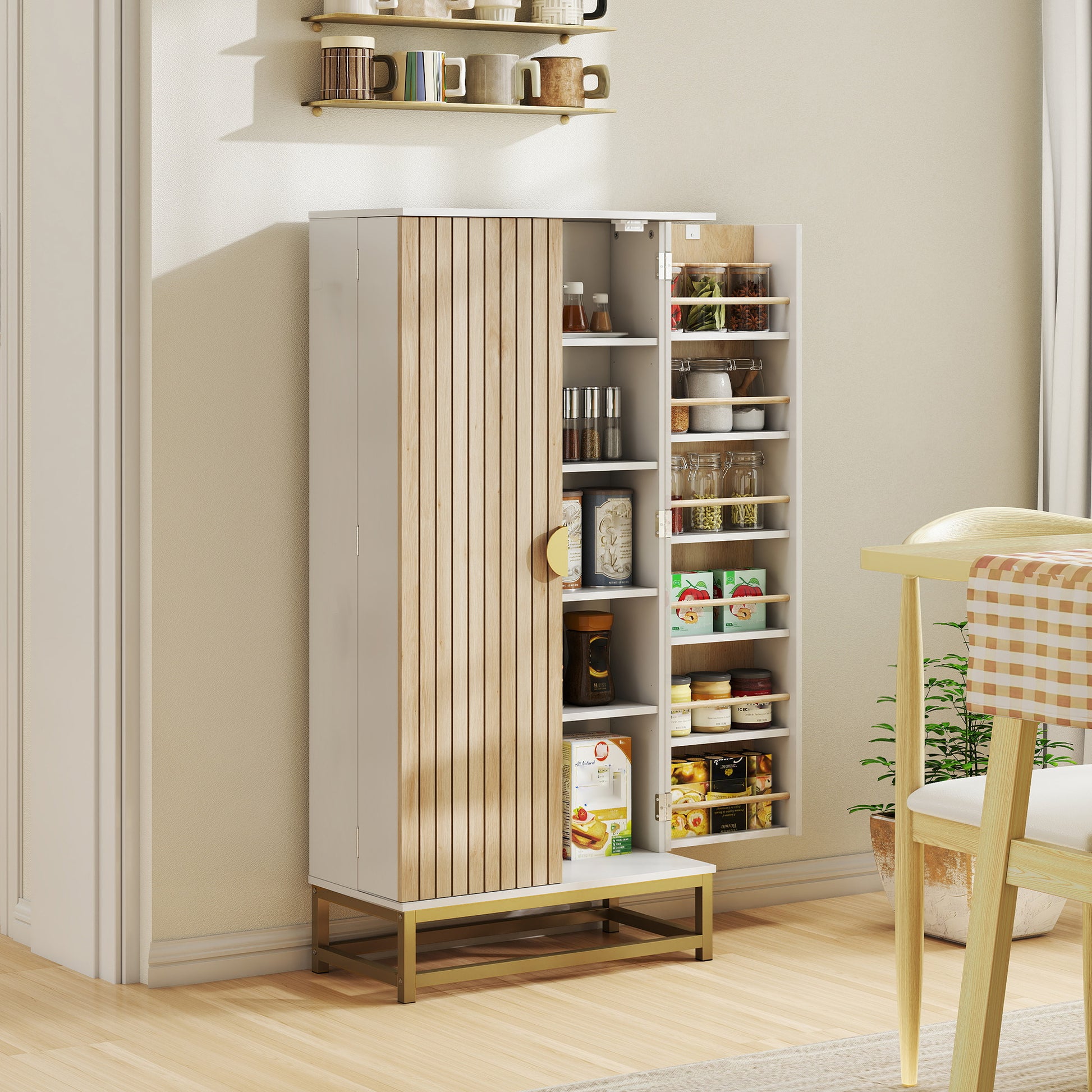 HOMCOM 119.5 cm Kitchen Cupboard, Freestanding Kitchen Cabinet with Double Doors, 5 Tiers, 12 Spice Racks, White
