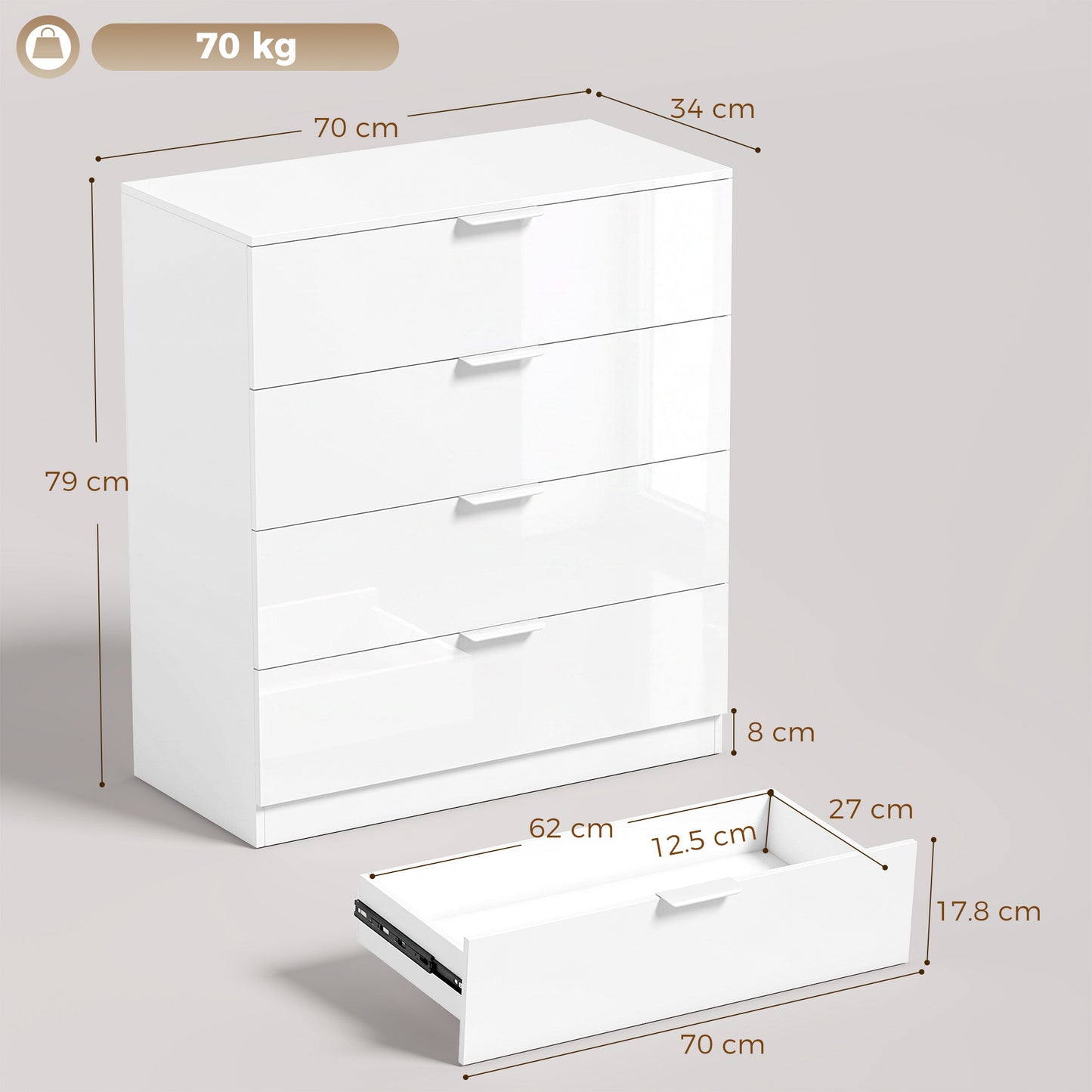 HOMCOM High Gloss 4-Drawer Chest of Drawers, Space-Saving Bedroom Storage Unit with Smooth Runners, White