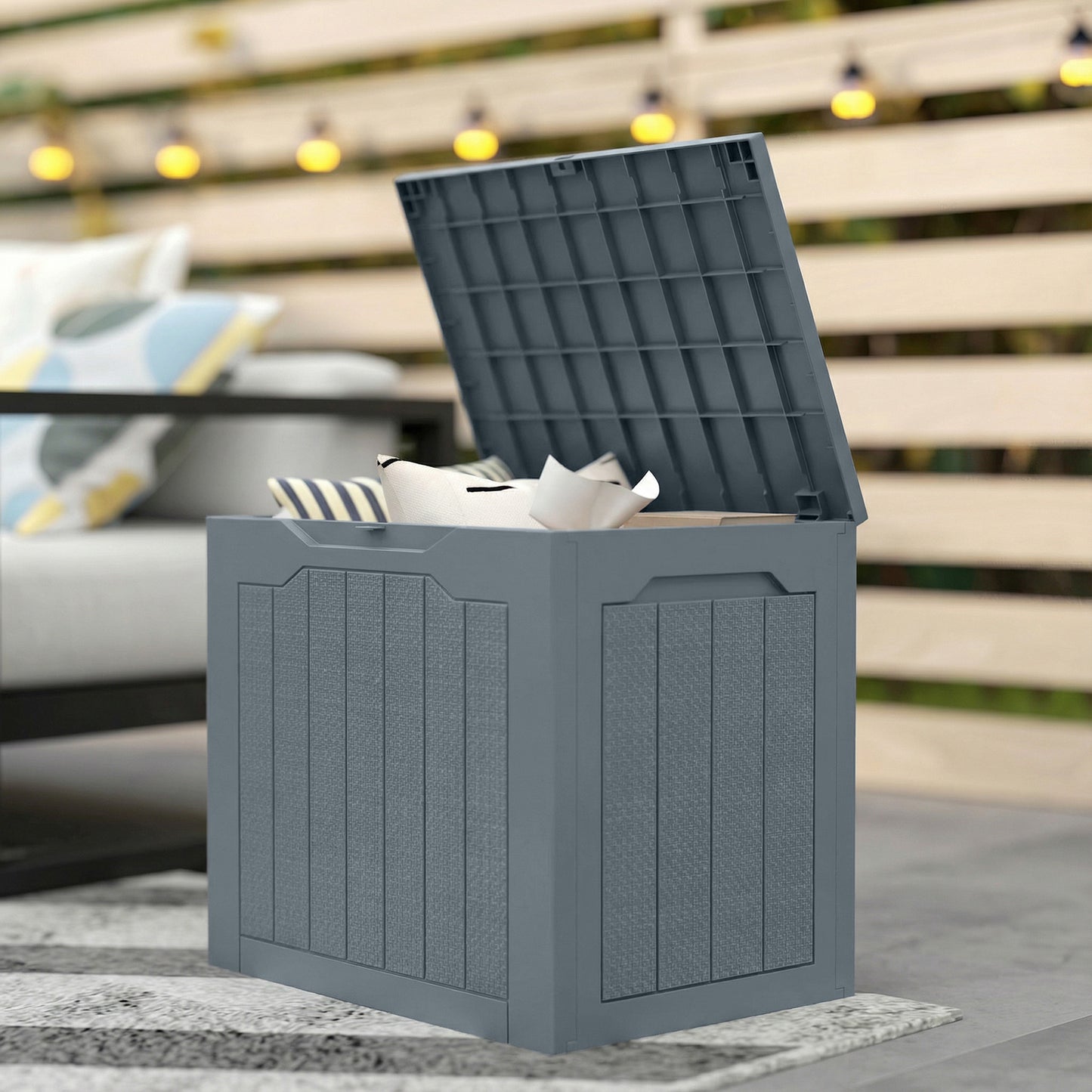 Outsunny 97L Plastic Garden Storage Box, Outdoor Storage Box with Handles, Waterproof Outdoor Storage Container, Light Grey