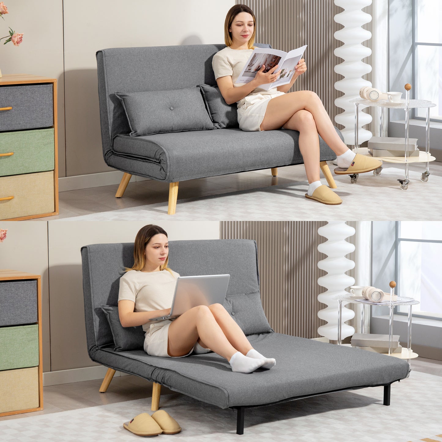 HOMCOM Two-Seater Linen-Look Sofa Bed - Grey