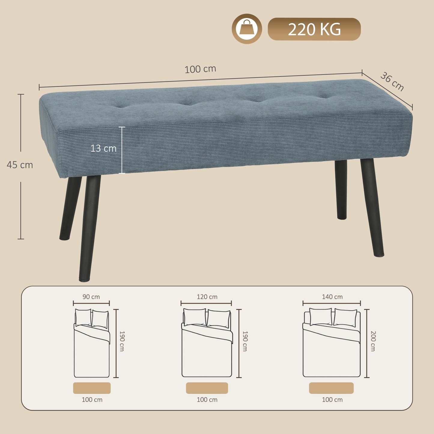 HOMCOM Upholstered Bedroom Entryway Bench, Modern Corduroy Tufted End of Bed Bench with Padded Seat and Steel Legs, Blue