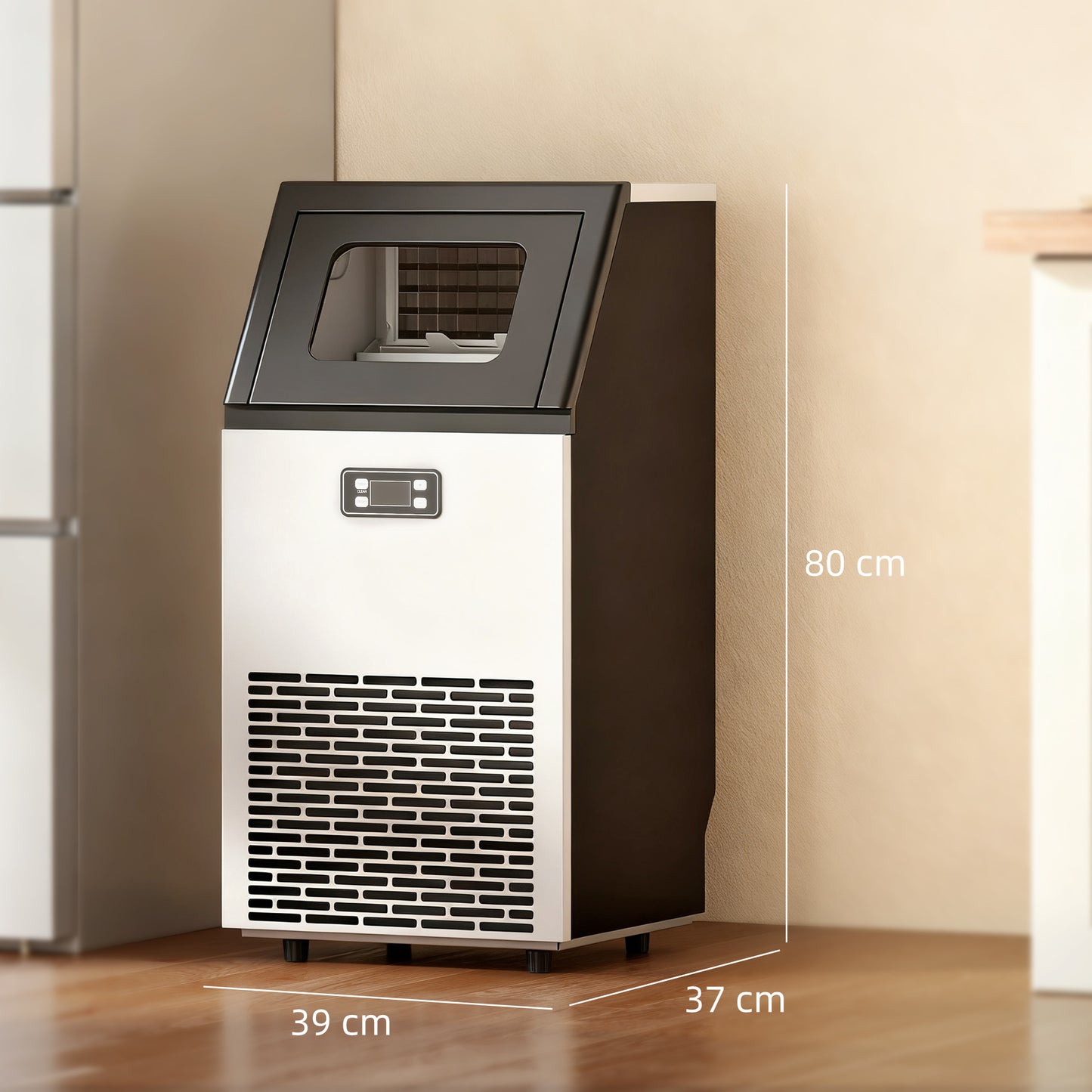HOMCOM Commercial Ice Maker Machine, Freestanding Stainless Steel Ice Machine with Self-Cleaning, LCD Display, 45kg/24 Hours and 11kg Storage for Home, Office, Bar, Restaurant