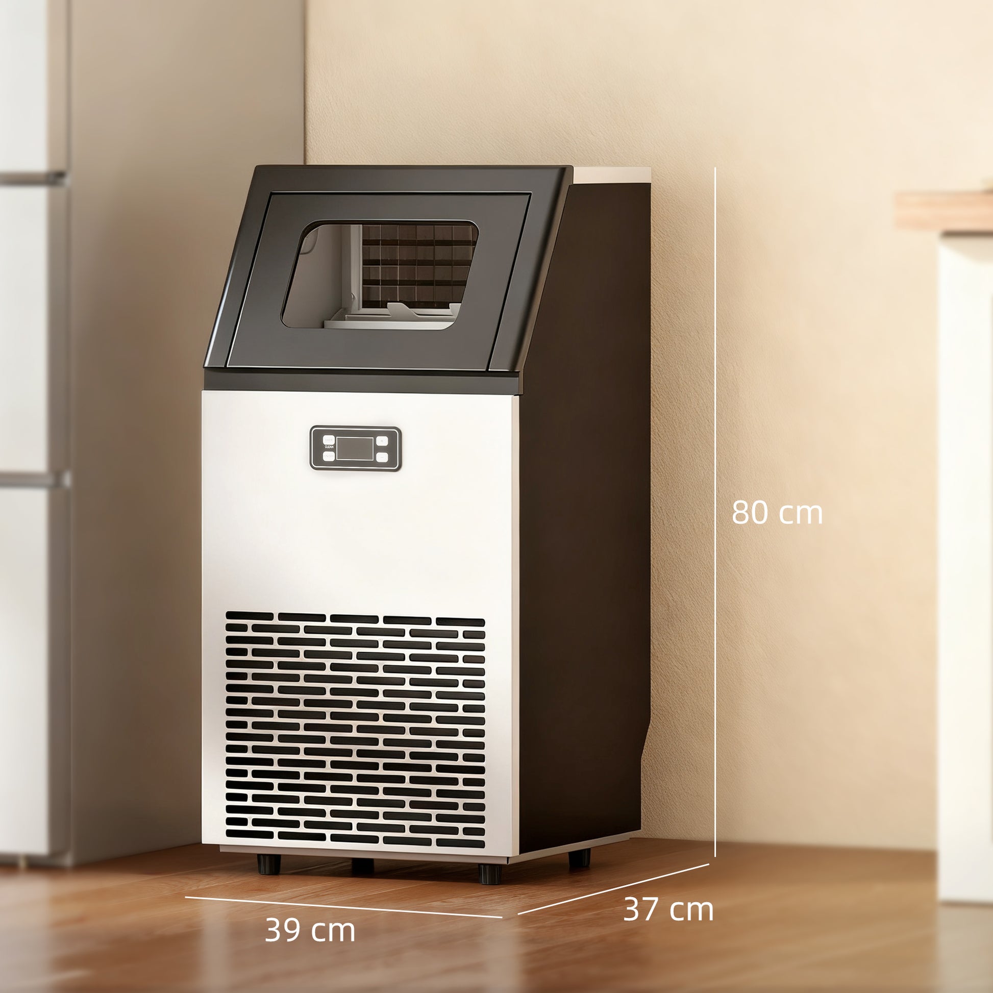 HOMCOM Commercial Ice Maker Machine, Freestanding Stainless Steel Ice Machine with Self-Cleaning, LCD Display, 45kg/24 Hours and 11kg Storage for Home, Office, Bar, Restaurant