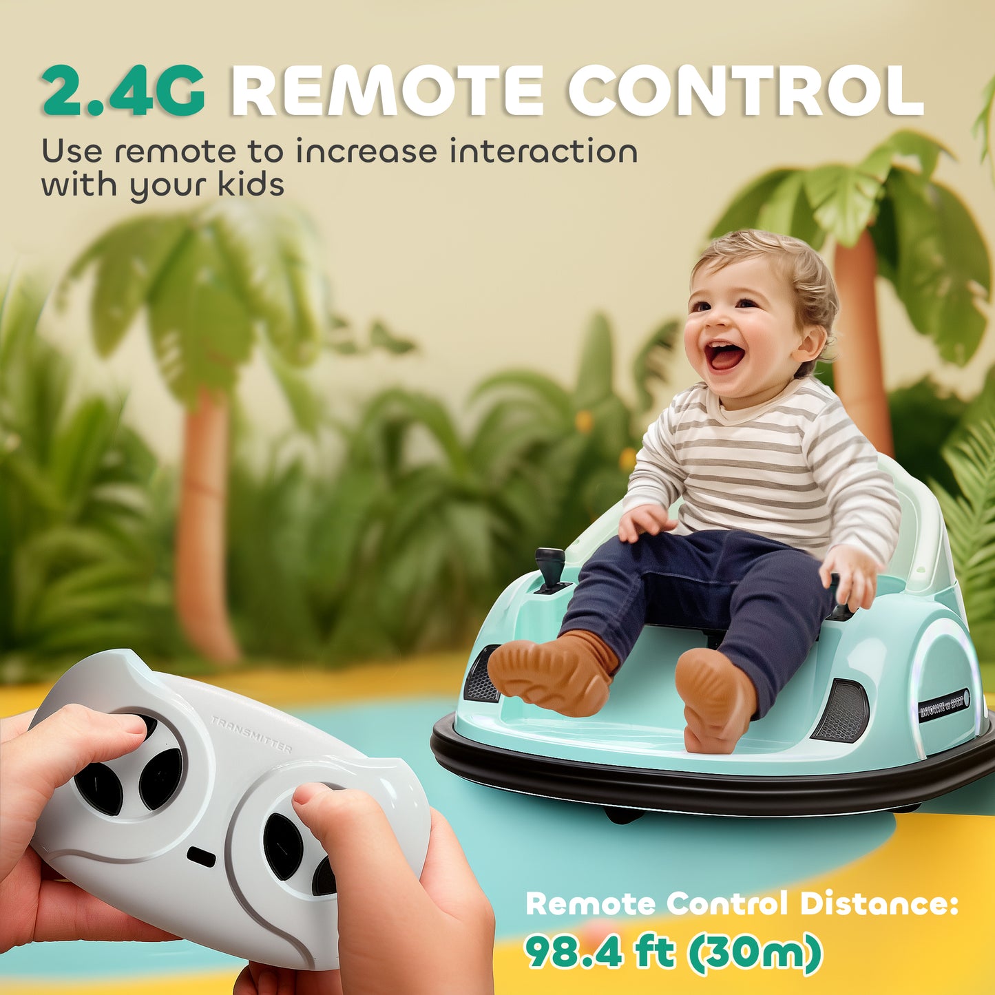 AIYAPLAY 360Â° Rotation Kids Bumper Car, 12V Waltz Car with Remote Control, Dual Joystick, Music, Lights, Green