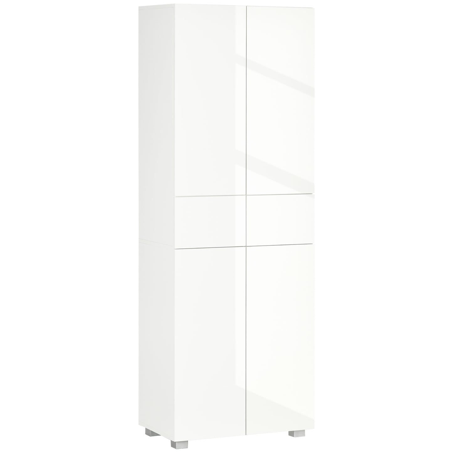 HOMCOM 4-Door Kitchen Cupboard, Tall Freestanding 5-Tier Storage Cabinet with 3 Adjustable Shelves, 2 Drawers for Living Room, Dining Room, Push to Open Design, High Gloss White