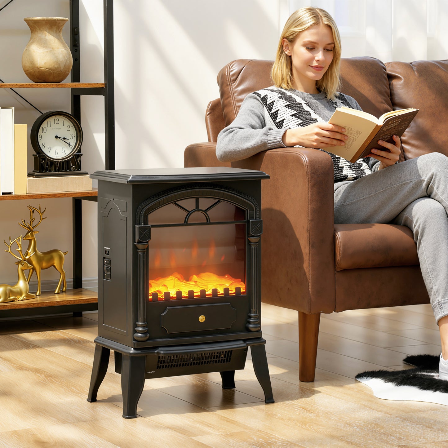 HOMCOM Electric Fireplace Stove Heater with 3D Flame Effect, 2000W/1000W, Freestanding Portable Fireplace with Adjustable Thermostat, 2 Heat Settings for Living Room, Black