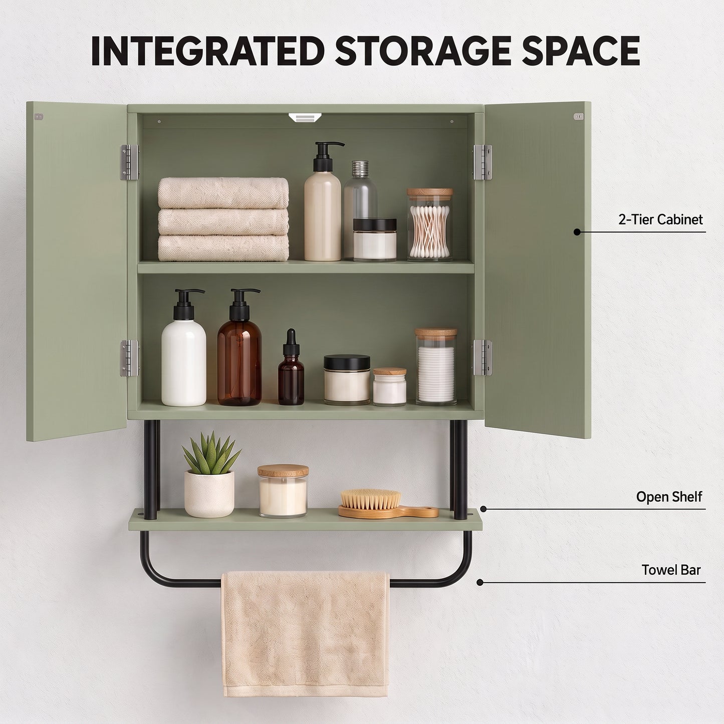 HOMCOM Bathroom Wall Cabinet Modern Space Saver Wall Mounted Cabinet Doors Storage Green