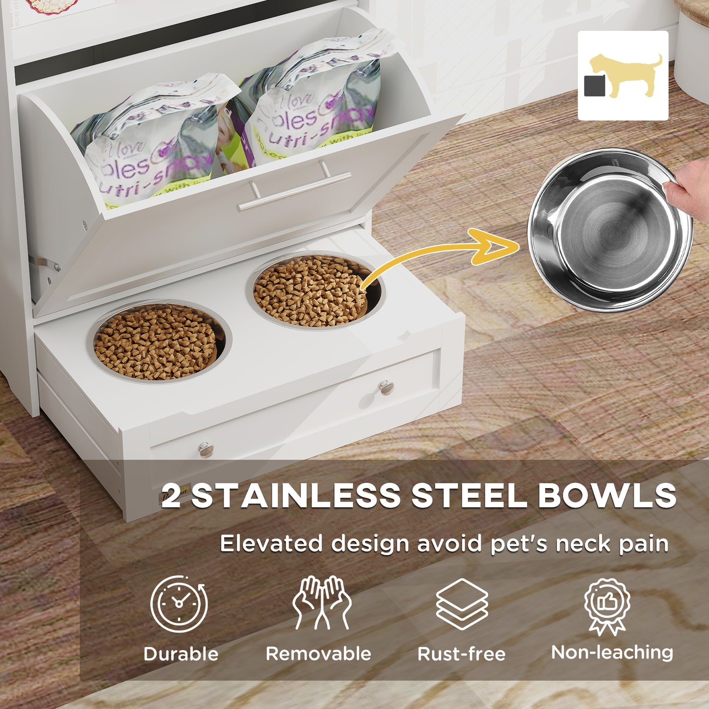 PawHut Pet Feeder Station, Dog, Cat Storage Container, with Raised Bowls, Hanger, Cabinet - White