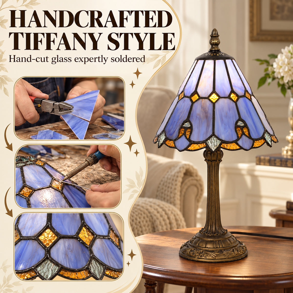 HOMCOM Tiffany-Style Table Lamp with Geometric Patterns, Handcrafted Antique Stained Glass Bedside Lamp, E27 Socket, Blue