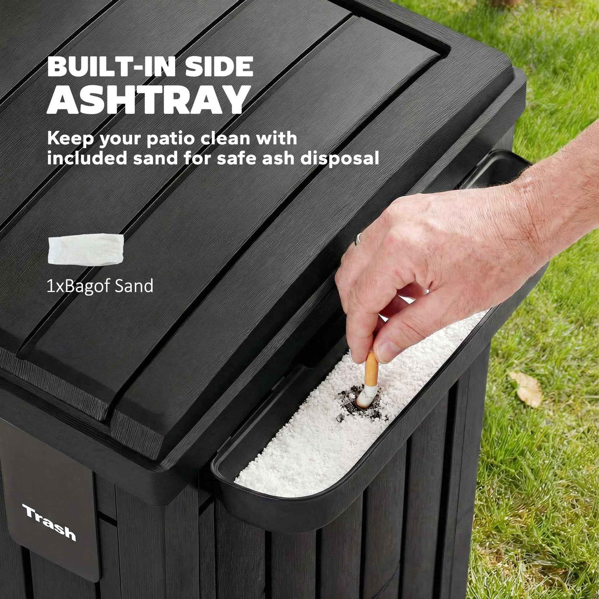 Outsunny 110 L Outdoor Bin with Dual Lid, Waterproof Plastic Trash Bin with Ashtray and Drip Tray, Garden Waste Trash Bin, Black
