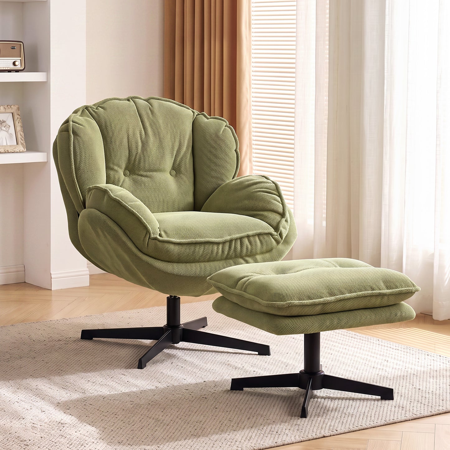 HOMCOM Armchair with Adjustable Footstool, 360Â° Swivel Chenille Cloud Accent Chair with Thick Cushion, Steel Base, Green