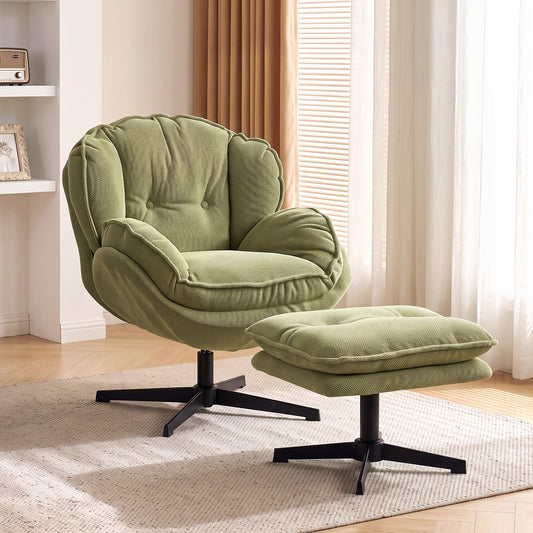 HOMCOM Armchair with Adjustable Footstool, 360Â° Swivel Chenille Cloud Accent Chair with Thick Cushion, Steel Base, Green