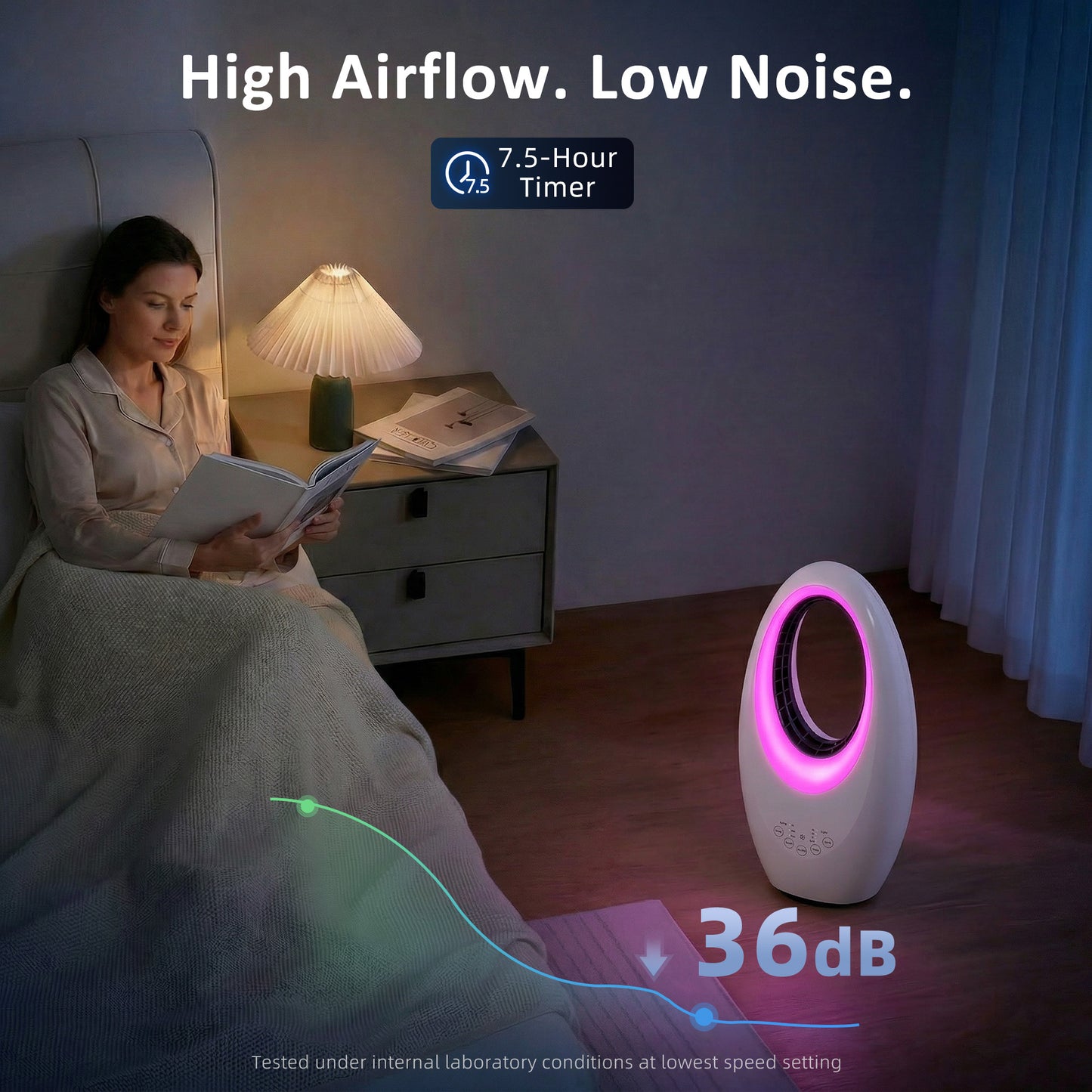 HOMCOM Bladeless Tower Fan, 36dB Standing Cooling Fan with 60Â° Oscillating, LED Lights, 3 Speeds, 7.5H Timer, Remote Control
