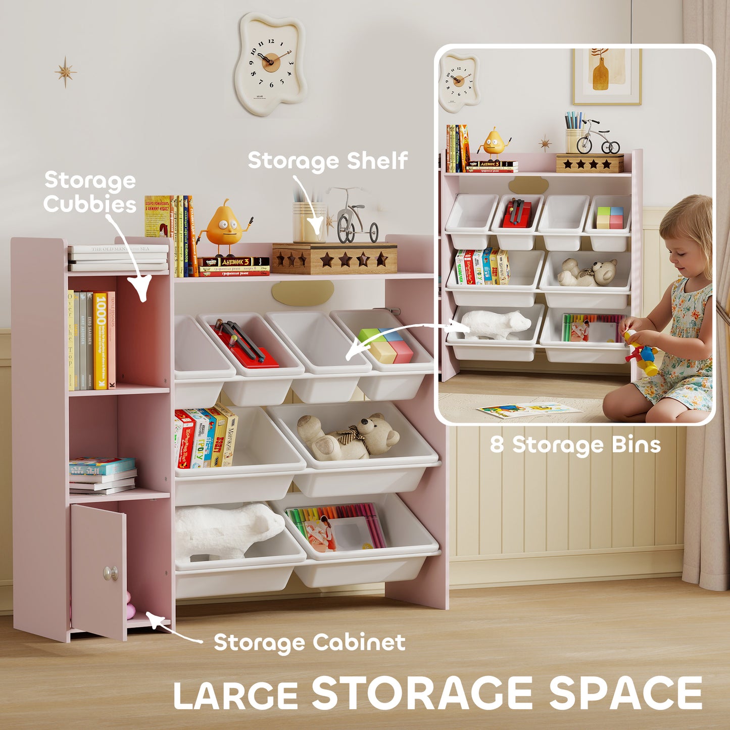 AIYAPLAY Toy Storage Unit with 8 Removable Bins, Storage Shelves, Cabinet, Pink