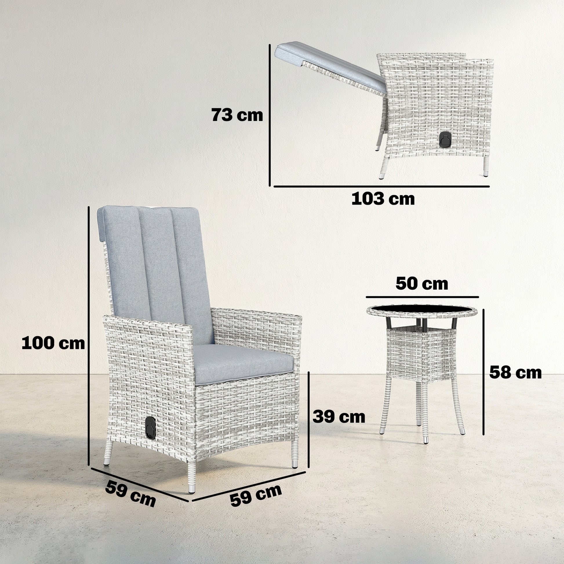 Outsunny Rattan Bistro Set, Reclining Garden Chairs and Glass Coffee Table with Cushions for Patio Balcony Porch, Light Grey